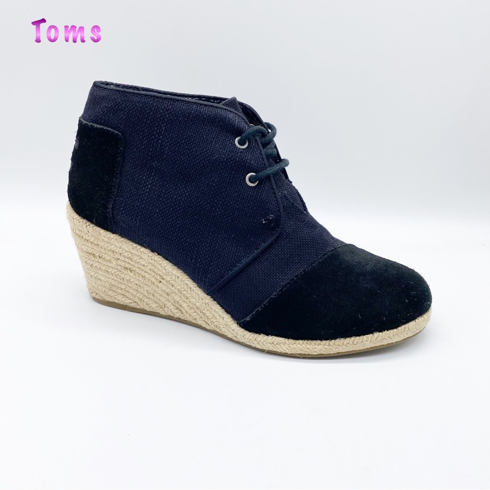 Toms-Black Fabric and Suede Espadrille lace up Wedge 8 - Picture 1 of 9